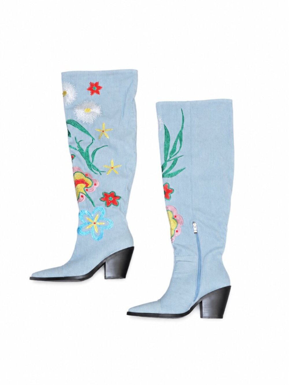 Azalea Wang Izara Denim Embroidered OTK Western Boots Size 11 Rhinestone